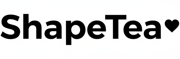 Write the text ShapeTea with a small heart on the right. text and heart make color black